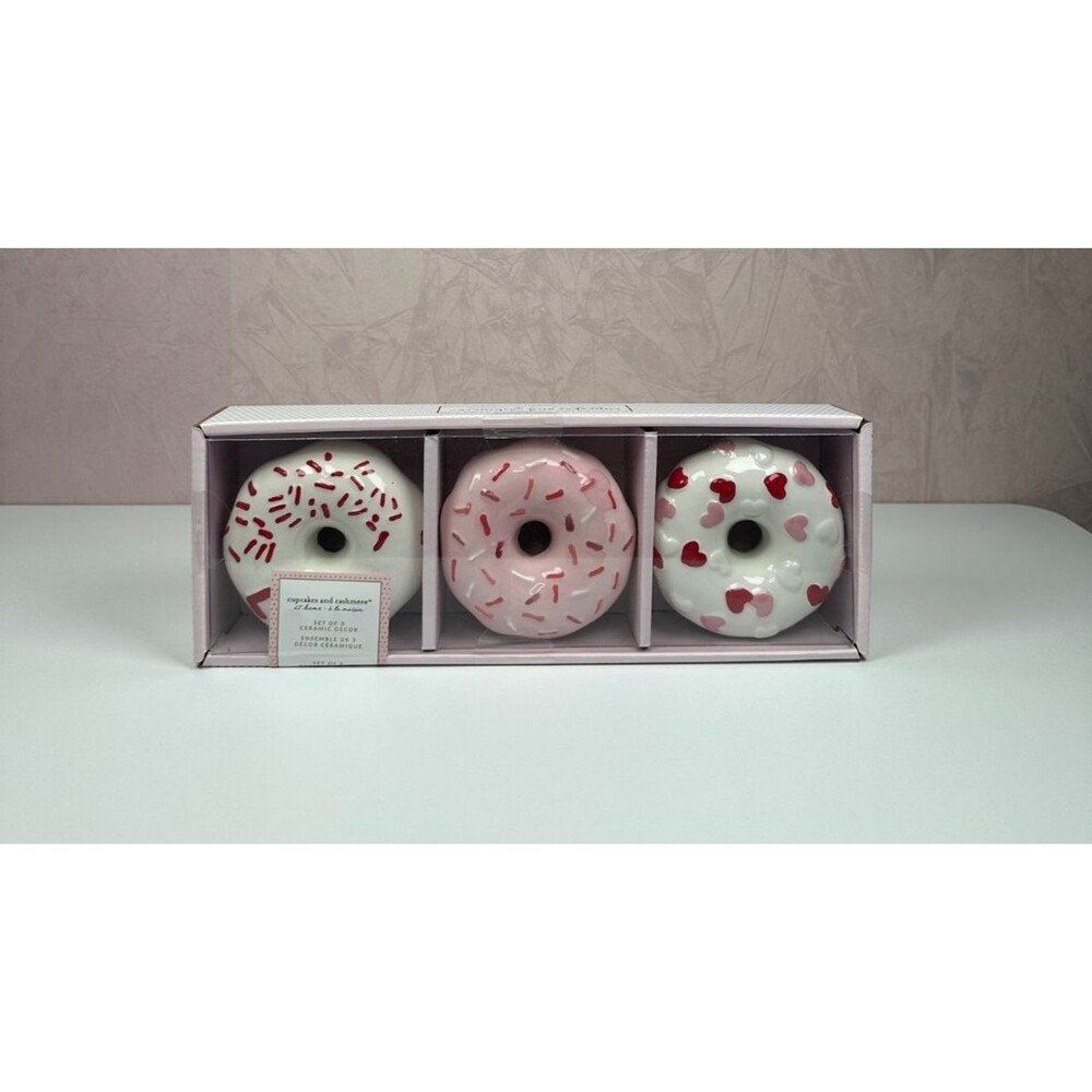 Cupcakes & Cashmere Valentines Donut Sprinkle Love Hearts Ceramic Decor Set of 3